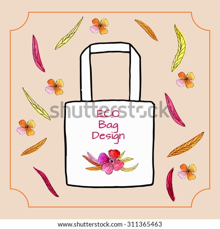 Illustration of ECO BAG DESIGN with hand drawn watercolor exotic flower. Background with leaves and flowers. Vector illustration. Mock-up with template for shopping bag.