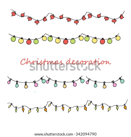 Hand drawn colored sketch of  Christmas decoration, new year lights, garlands with different lamps.  Vector illustration. Funny kids style. Elements of christmas design. 