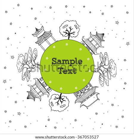 Postcard with hand drawn sketch of trees and Chinese houses on round green template. Sample text sign in the middle decorated with stars. Vector stock illustration.