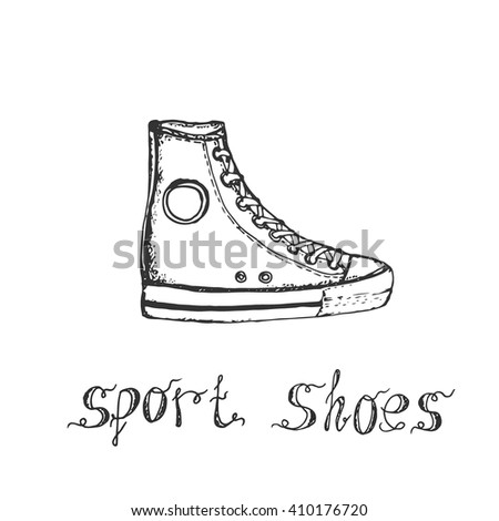 Hand drawn sketch of sport shoes, sneakers for summer. Vector stock illustration. Sport wear for men and women. Design for shoe store. Converse all stars sneakers, shoe sneakers icon, shoe shopping. 