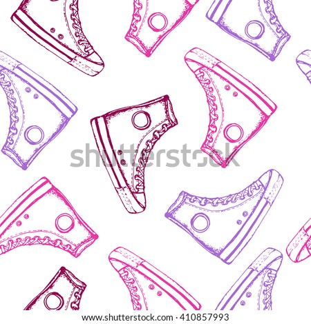 Seamless pattern with hand drawn sport shoes or sneakers. Wrapping paper. Vector stock illustration for shoe shop. Converse all stars sneakers. Shoe shopping, converse shopping pair. 