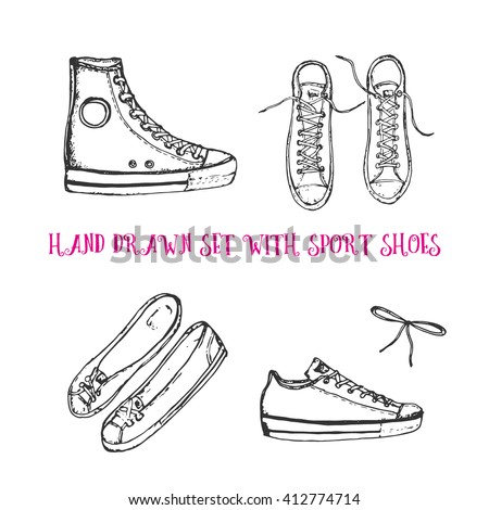 hand drawn set with sport shoes: sneakers, flat shoes, sport shoes, upper view, front view, bow or shoelace. Vector stock illustration for shoe shop. Converse all stars sneakers. 