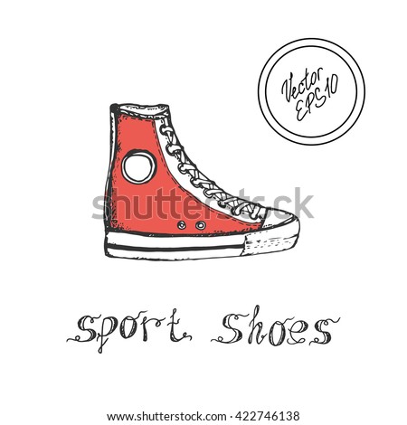 Hand drawn sketch of sport shoes, sneakers for summer. Vector stock illustration. Sport wear for men and women. Design for shoe store. Red sneakers. Converse sneakers, Converse sneakers, shopping. 