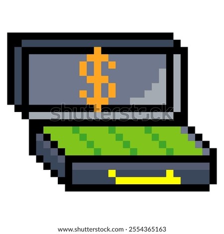 Briefcase filled with money in pixel art style