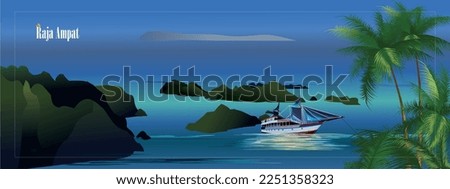 Vector panorama of the Raja Ampat archipelago and the anchored Phinisi sailing ship.