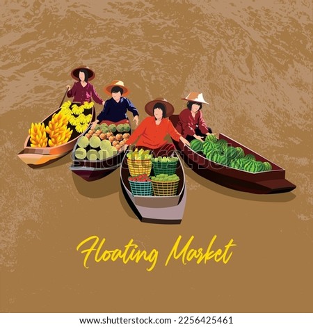 Vector illustration of floating market panorama in Asian.