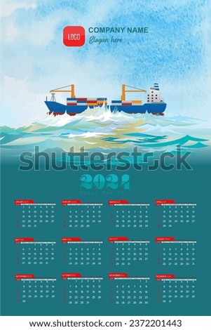 2024 wall calendar with panorama of cargo ships on the high seas.