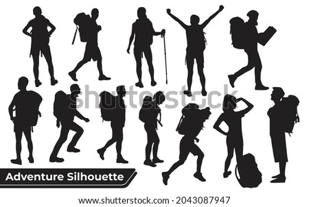 Collection of Hiker in mountains silhouettes in different poses