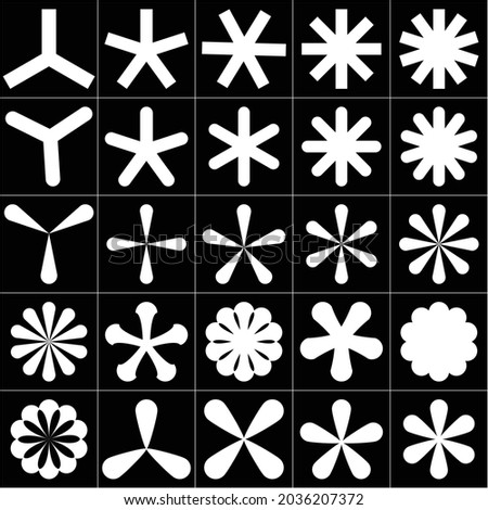 one set black and white asterisk icon with various shape. For digital and printer design.