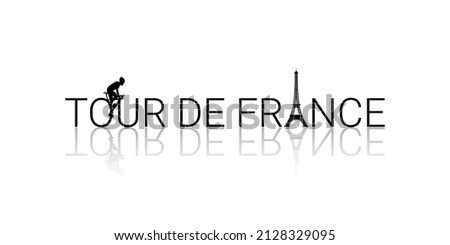Tour de france title text on white background. Typography, shadow reflection and bicycle. Tour de france concept.