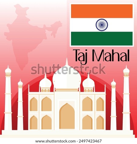 Taj Mahal Vector Illustration Clipart, World Famous Places Art, Love Story Of Mumtaz And Shah Jahan, India Map And Flag Vector Art