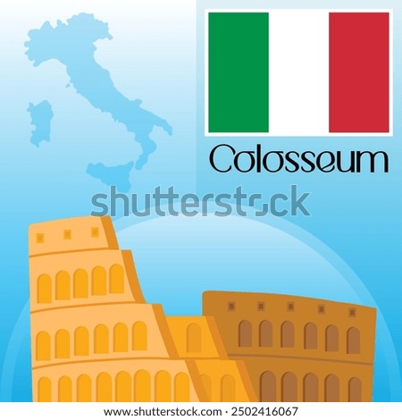 Colosseum Vector Illustration Clipart, World Famous Places Art, The Icon of Rome, Italy Map And Flag Vector Art