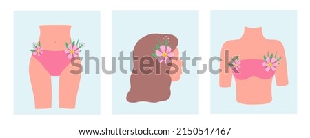 Woman's beauty, bodypositive. Head, hips, torso, breast with flowers. Vector Illustration for printing, backgrounds, covers, packaging, greeting cards, posters, stickers, textile and seasonal design.