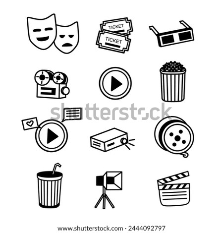 Movie Cinema icon set. Containing camera, play, pause, media, online video, live, production, player, movie and cinema icons. Line icon collection.