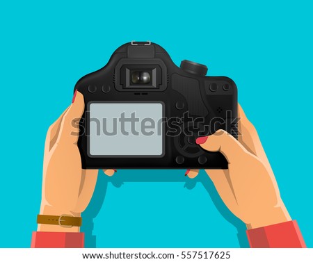 Photograph's hands holding dslr photo camera isolated on the background. Back side. Flat vector cartoon illustration for web banners, sites, infographics design. Professional equipment