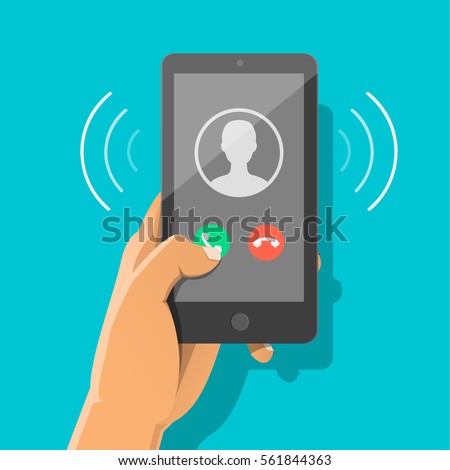 Man's hand holding smartphone with incoming call and finger touch screen. Receiving phone call concept. Vector flat cartoon illustration for web banners, sites, infographics design.