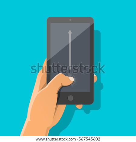 Hand holding smartphone with quick tutorial on the screen. Touch screen gesture. Vector flat cartoon illustration for advertising, app, web sites, banners design. Arrow scroll up. Unlock device 