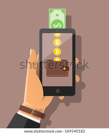 Buying bitcon with cash. Hand holding smartphone with golden bit coins falling into the wallet and dollar banknote. Flat vector cartoon illustration for business app,web banners, sites design