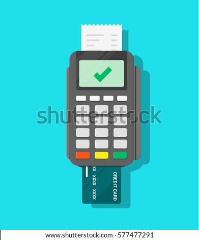 Terminal confirms the payment. Transaction approval process Inserted credit card, check. Point of sale purchase. NFC payments concept. Vector flat cartoon illustration for business, web design