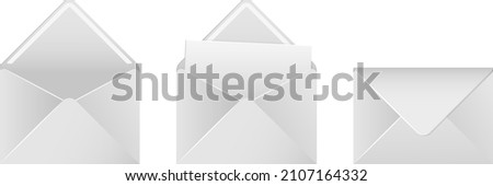 Set of blank white envelopes. Open postal envelope, open envelope with a document, closed letter. Vector illustration.