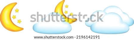 Set of 3D cartoon icon the weather forecast. Clear night, partly cloudy night and cloudy. Vector illustration.