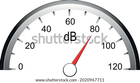 Decibels. White Scale dB. Scale of sound measurement. White, black, red. Red arrow. Sound level. Vector.