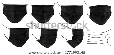 Set of medical mask or surgical ear loop mask isolated on white background with clipping path. Black color medical mask isolated. Surgical mask, template for design, high resolution, close up.