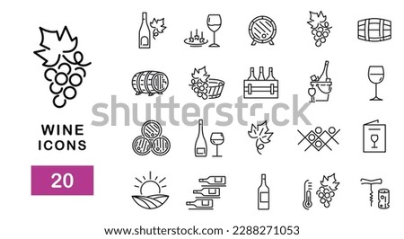 Simple Set of 20 Wine Icons. Vector Line Icons. Contains such Icons as , wine barrel , wineglass, grape leaves and more. Design signs for banner,  web page, mobile app, restaurant.
