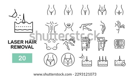 Laser hair removal icons. Laser epilation line icons. Apparatus, equipment. 20 hair removal icons. Vector illustration 