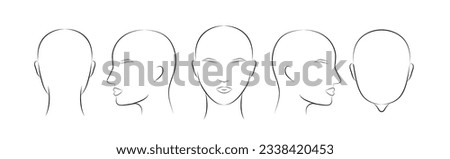 Womans face portrait set,  five different angle view turns of a female head. Head guidelines for barbershop, haircut salon. Vector illustration