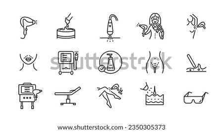 Laser hair removal icons set. Laser depilation simple icons. 15 laser hair removal icons isolated on white background. Glasses, Body, Legs, Laser, Cosmetologist icons. Vector illustration