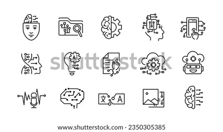 Ai simple icons set. 15 AI services icons isolated on white background. Chat, Robot, Brain icons. Vector illustration