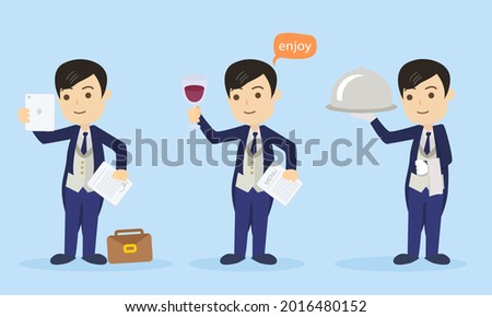 Service staff, secretaries, assistants, serve and help guests or customers, provide a good experience, help customers provide wine and meals, or sign contracts with customers, vector illustration
