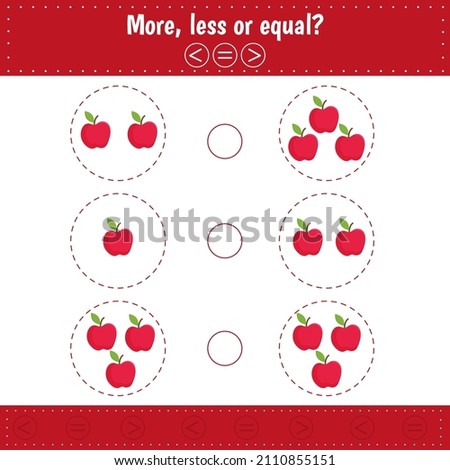 More, less or equal. Count and compare the number of apples.