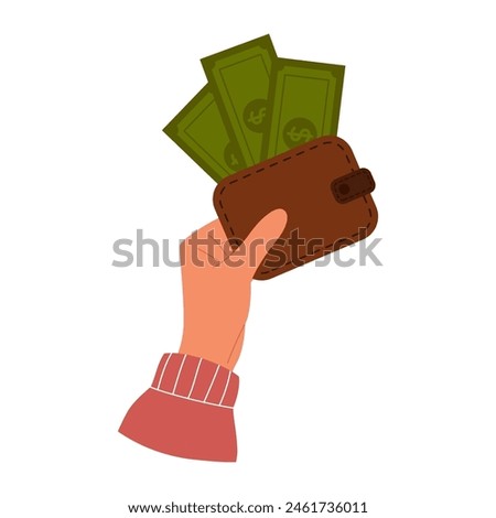 Hand holds brown wallet with green paper money. Purse with paper currency. Wallet filled with banknotes
