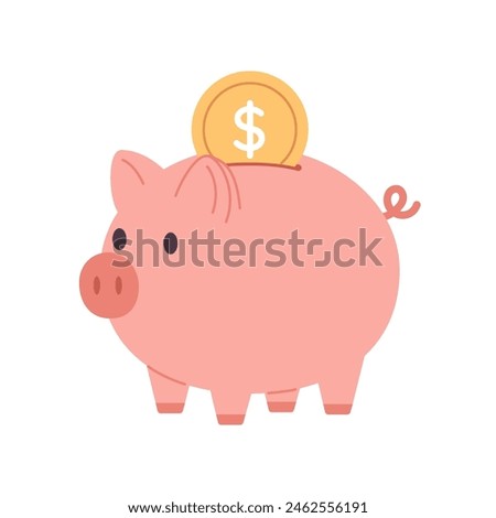 Piggy bank with coin vector illustration. Saving, investing and accumulation money. Pig in a flat style