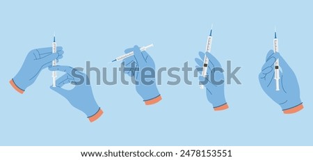 Set of doctor hands holding syringe to inject medicine. Doctor hands making an injection. Vaccination concept
