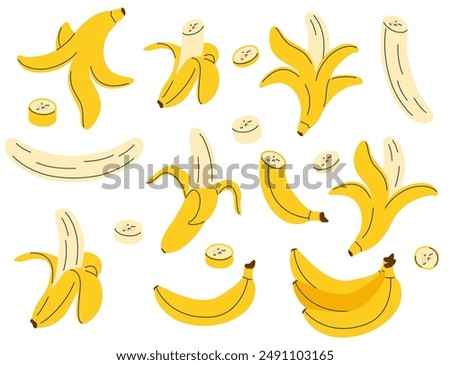 Hand drawn banana set. Simple drawing of whole, peeled bananas, sliced, chopped, empty peel