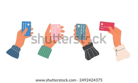 Set of hands holding plastic credit card. Different gestures. Wireless payment concept. Online pay
