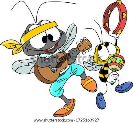 Cartoon mosquito and bee playing guitar and tambourine, making music together vector illustration