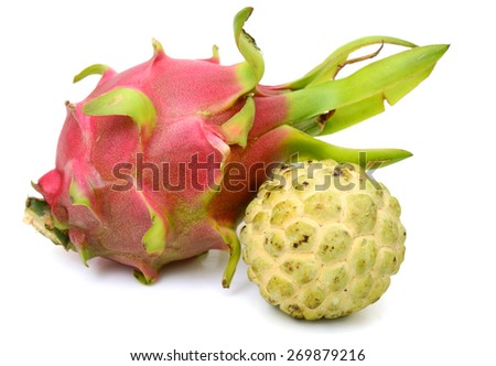 Sugar Apple and  Dragon fruit on white background.