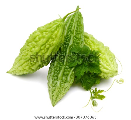 Bitter melon, Bitter gourd with leaves on white background