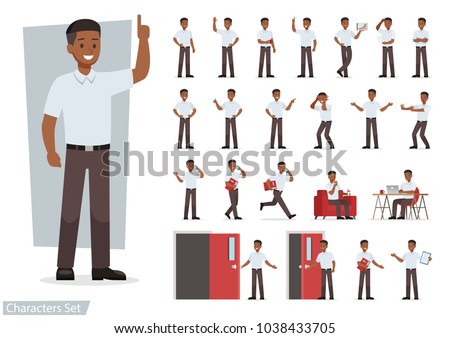 set of man working in office and presentation in various action.