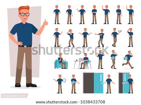 set of man working in office and presentation in various action.