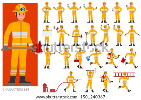 Set of Firefighter character vector design. Presentation in various action with emotions, running, standing and walking. 