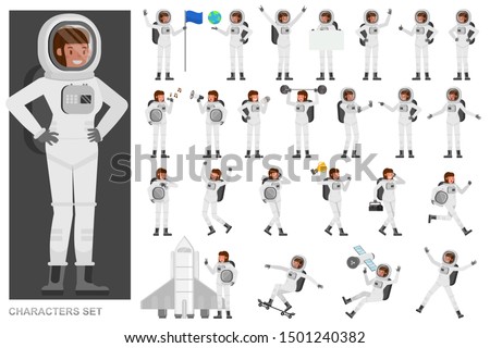 Set of Astronaut woman people working character vector design. Presentation in various action with emotions, running, standing and walking. 
