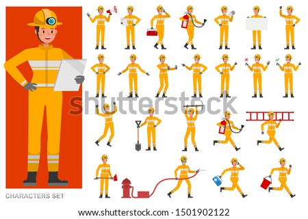 Set of Woman Firefighter character vector design. Presentation in various action with emotions, running, standing and walking. 