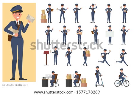 Set of Postwoman character vector design. Presentation in various action with emotions, running, standing and walking.
