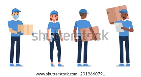 Man and woman carrying boxes. Delivery people holding a parcel package character vector design.