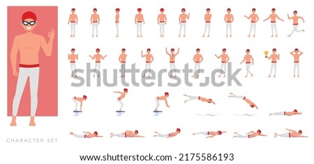 Big Set of Male swimmer character vector design. Presentation in various action with emotions, running, standing and walking.